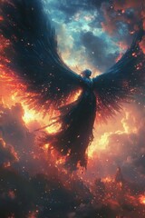 Poster - A large black angel with a fiery tail is flying through the sky