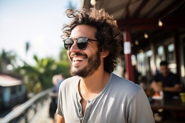 Portrait of a handsome young man with curly hair and sunglasses smiling