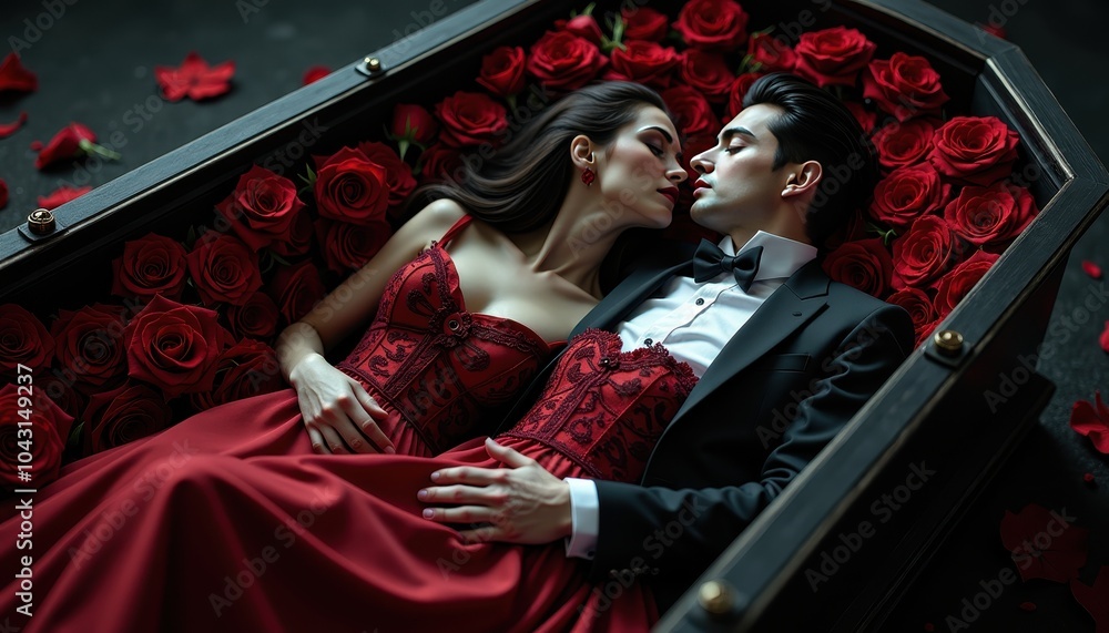 Vampire Couple Resting Together in a Coffin Surrounded by Red Roses and ...