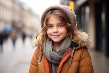 Outdoor portrait of a cute little girl in winter coat and hat