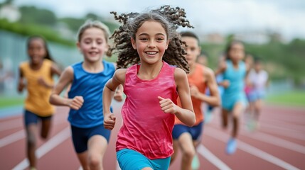 Young athletes running on a track and field stadium, with curly haired girl in foreground smiling