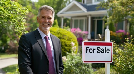 Smiling real estate agent showcasing beautiful home with for sale sign in front yard