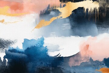 Abstract art background. Wallpaper design with brush and golden art. Blue, pink, black, orange watercolor illustration for prints, wall art, covers and invitation cards.