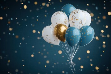 A cluster of blue, white, and gold balloons with confetti.