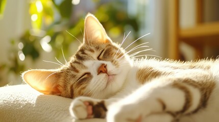 A peaceful feline enjoying a cozy indoor nap in warm sunlight