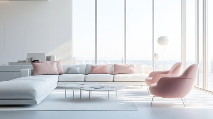 Simple modern living room with white and soft pink furniture. Featuring a clean, bright layout with minimal decoration. Showcasing contemporary style and calmness. Ideal for home decor marketing