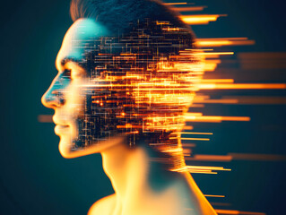 Wall Mural - A side profile of a digital face with glowing orange lines, symbolizing speed and technology in a surreal style.