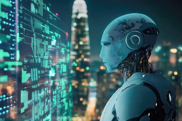 Wall Mural - futuristic ai robot analyzing data in cityscape with digital interface and technology