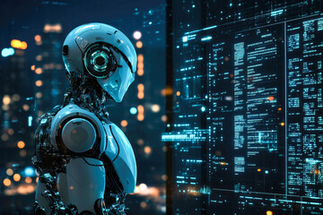 Wall Mural - futuristic robot analyzing digital data in a nighttime cityscape with neon lights