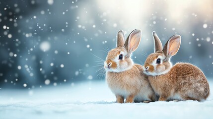 Two cute rabbits sit together in a snowy landscape, surrounded by gently falling snowflakes, creating a serene winter scene.