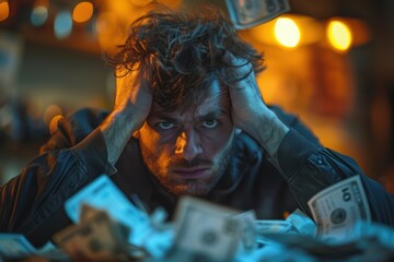 Man sitting at a table with money in his hands