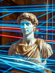 A classical marble bust infused with dynamic neon blue streaks, creating a contrast between traditional and contemporary styles.