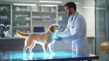 Wall Mural - Veterinarian examining holographic dog in futuristic technology veterinary clinic