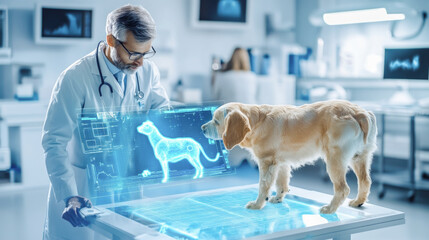 Veterinarian analyzing holographic dog scan in high-tech veterinary clinic