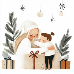 A mother lovingly hugs her young son by the Christmas tree, surrounded by festive decorations and gifts, symbolizing the warmth of family bonds, joy, and togetherness during the holiday season.