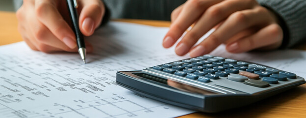 Close-up of hands using a calculator on financial paperwork