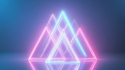 Wall Mural - glowing geometric shapes with neon lights arranged in a high-tech futuristic design on a reflective 