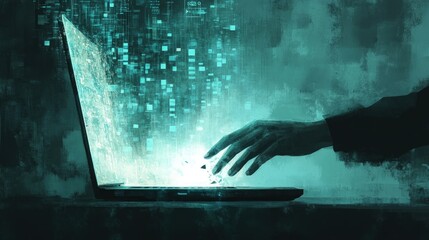 A hand reaching out from a laptop screen with glowing data and code flowing out.