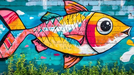 Colorful and vibrant graffiti mural depicting a whimsical fish character adorning a textured urban wall. The digital showcases the creative expression of street art in a modern,contemporary style.