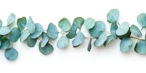 A sprig of eucalyptus leaves arranged on a white background.