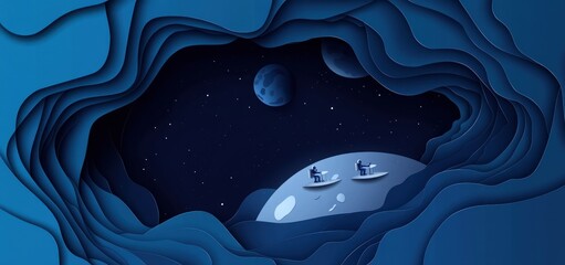 Wall Mural - a serene, layered paper-cut style illustration of astronauts exploring a celestial landscape.