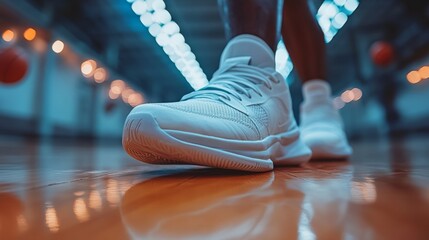 A close-up view shows a player's white sneaker on the polished wooden floor of a gym, highlighting the intensity of basketball practice with vibrant lighting overhead.