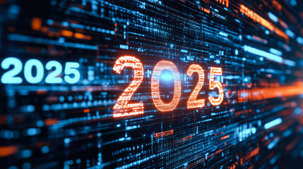 Wall Mural - futuristic digital 2025 concept with neon lights and binary patterns