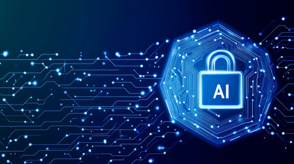 Wall Mural - futuristic ai security: digital lock in blue hexagonal circuitry design