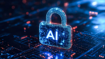 Wall Mural - futuristic ai lock on digital circuit board representing cybersecurity and data protection