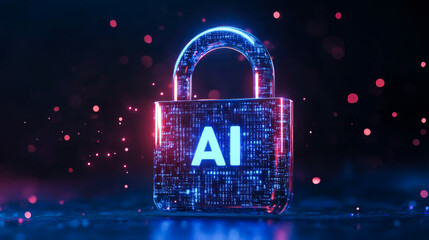 Wall Mural - digital ai security padlock with neon glow representing cybersecurity in technology