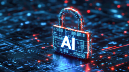 Wall Mural - ai security concept: bright digital padlock on futuristic circuit board with technology elements