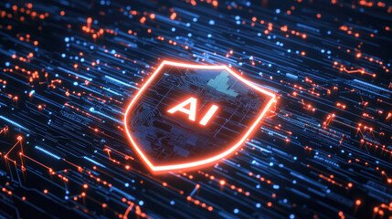 Wall Mural - futuristic ai cybersecurity shield in digital network with glowing orange and blue circuitry