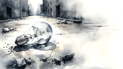 a broken ligh tbulb lying on the ground of the empty city street. watercolor illustration. drawing. 