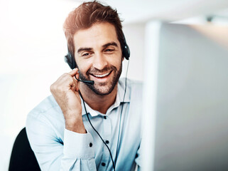 Sticker - Telemarketing, agent and man with a smile, call center and conversation with advice, help and customer service. Male person, happy employee and consultant with headphones, tech support and connection