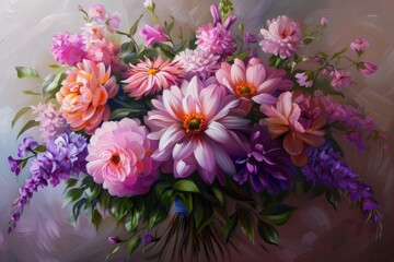 Vibrant floral painting showcasing a harmonious blend of colors and intricate details, celebrating nature's beauty.