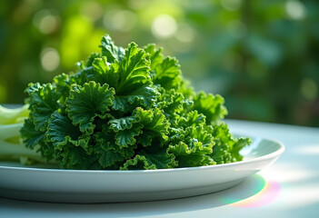 Fresh green lettuce on white plate, showcasing vibrant textures and colors