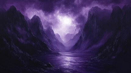 A mystical purple landscape with a river winding through the valley between mountains.