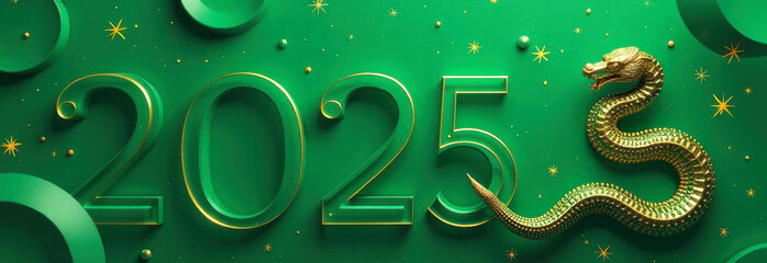 Golden 2025 sign with a decorative snake and leaf design on a green background