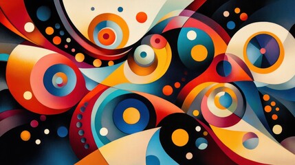 Wall Mural - dynamic swirl of multicolored geometric shapes overlapping in a playful, energetic pattern
