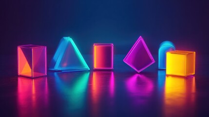Wall Mural - floating 3d geometric shapes in neon colors against a dark, glossy surface with reflections and shad