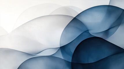 Poster - clean white background with transparent, overlapping shapes in muted tones of blue and grey for a co