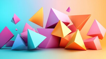 Wall Mural - abstract 3d geometric shapes, such as pyramids and cubes, floating in a soft gradient background