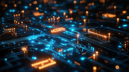 Wall Mural - abstract digital circuit patterns glowing in blue and green, floating over a sleek black background 