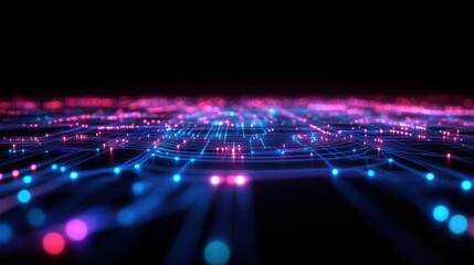 Wall Mural - dark background with glowing neon blue and purple lines forming abstract, interconnected digital cir