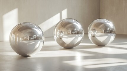 Wall Mural - floating metallic spheres of various sizes casting soft shadows on a smooth, light grey surface