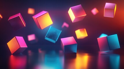Wall Mural - floating 3d geometric shapes in neon colors against a dark, glossy surface with reflections and shad