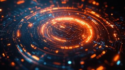 Wall Mural - glowing circular holographic interface with digital lines and patterns, hovering over a sleek black 