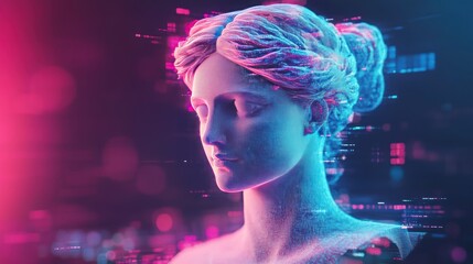 Wall Mural - pastel-colored bust of a classical statue floating in a pixelated digital space with glitch overlays