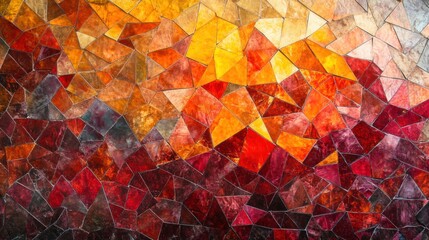 Wall Mural - abstract geometric mosaic made of triangles in warm tones of red, orange, and yellow, creating a dyn