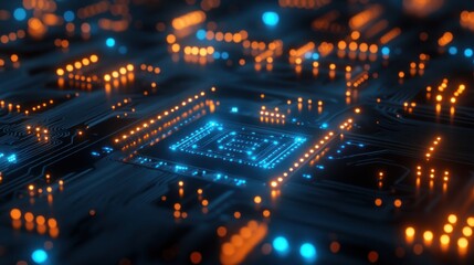 Wall Mural - digital-inspired circuit board design with sharp, clean lines and glowing blue nodes on a black surf